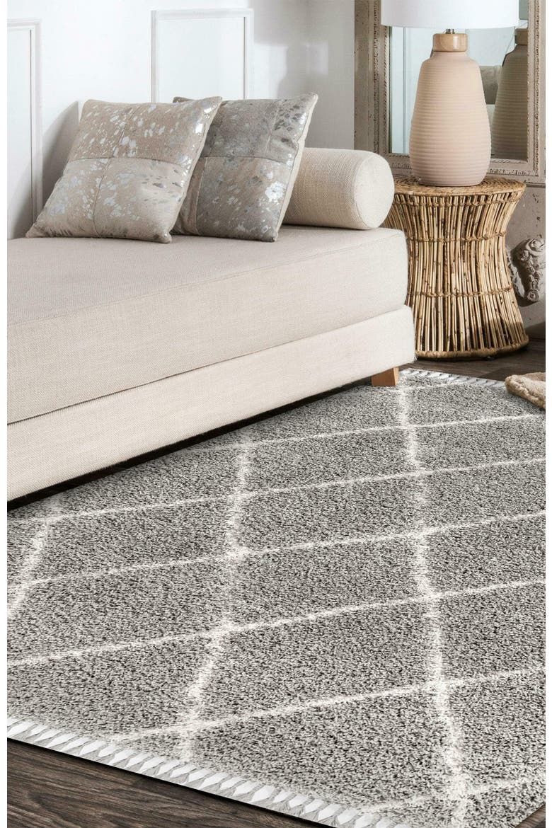 Mercer Shag Plush Tassel Moroccan Geometric Trellis Denim Area Rug, Alternate, color, Gray/Cream