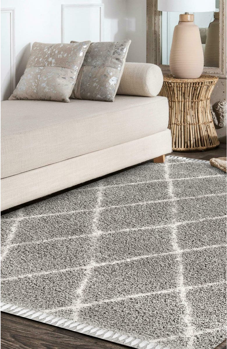 JONATHAN Y Mercer Shag Plush Tassel Moroccan Geometric Trellis Denim Area Rug, Alternate, color, Gray/Cream