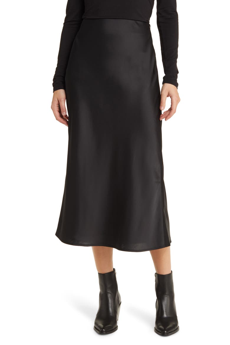 Bias Cut Satin Midi Skirt, Main, color, BLACK