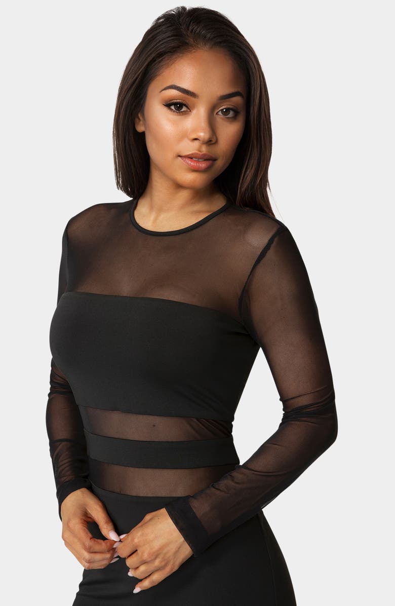 bebe Illusion Mesh Mini Dress, Alternate, color, Black
