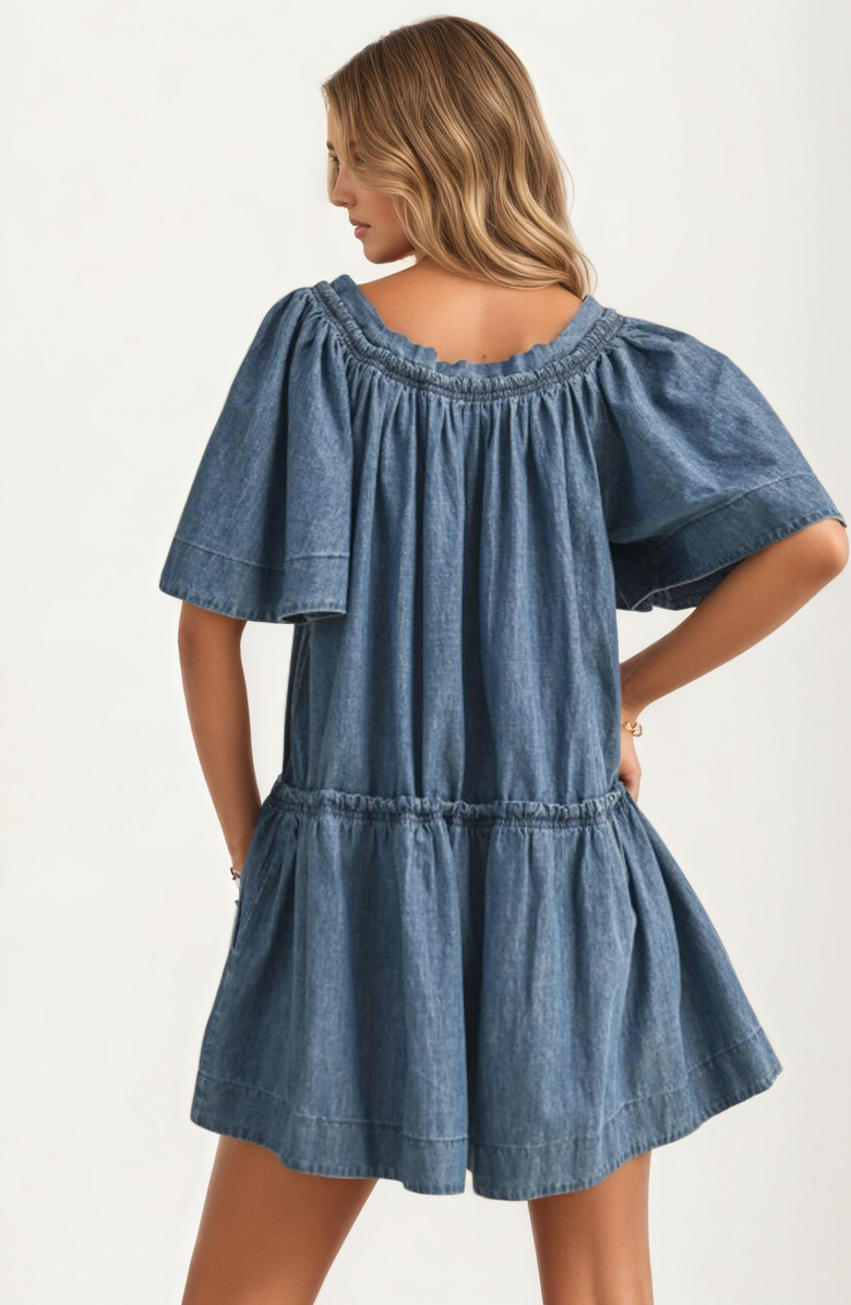 Knit and Lounge Flutter Sleeve Cinched Waist Denim Romper, Alternate, color, 