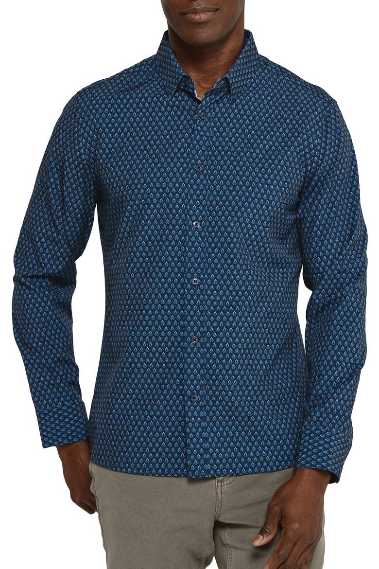Enrys Leaf Print Performance Button-Up Shirt, Main, color, NAVY