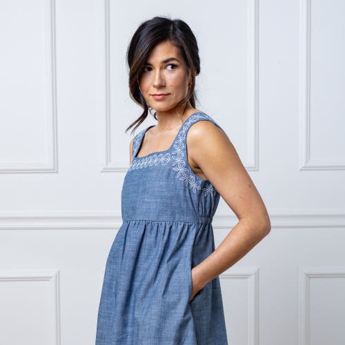 Shop Hope & Henry Organic Chambray Dress With Embroidery In Blue Chambray