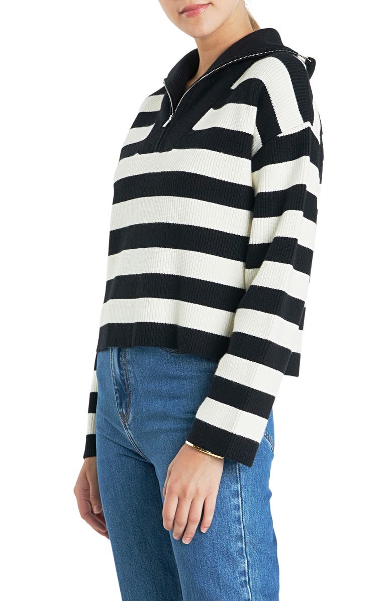 English Factory Stripe Half Zip Crop Sweater, Alternate, color, Black/ Ivory