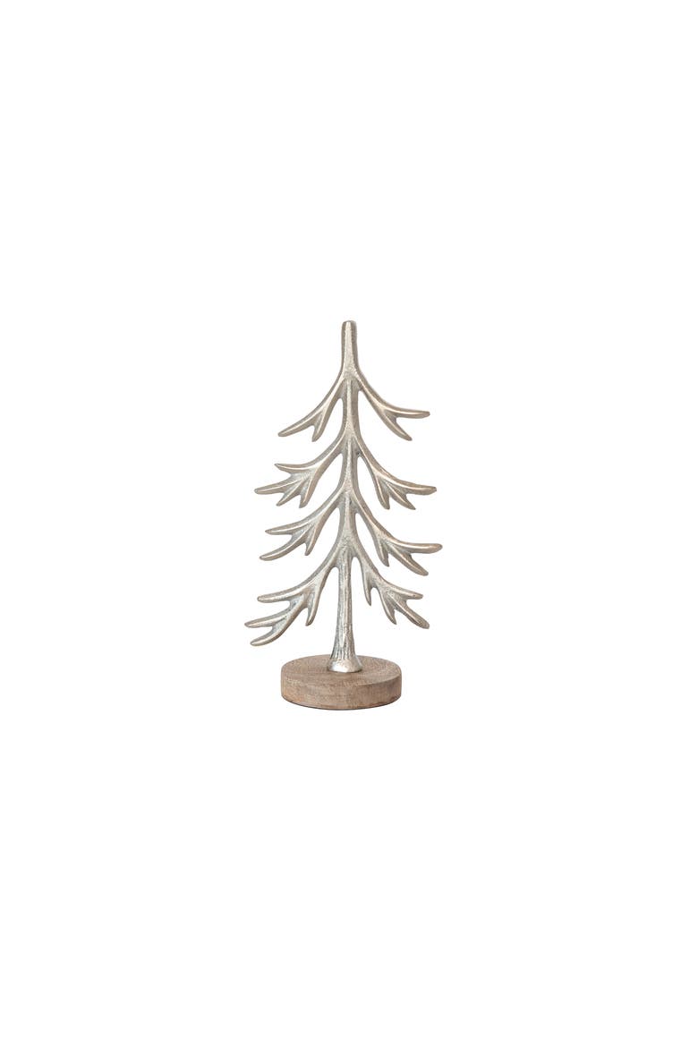 Cast Aluminum Tree with Mango Wood Base, Silver Finish, Main, color, Silver