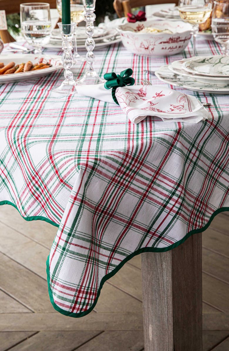 Juliska Merry Tartan Square Tablecloth, Alternate, color, Mulberry Brown