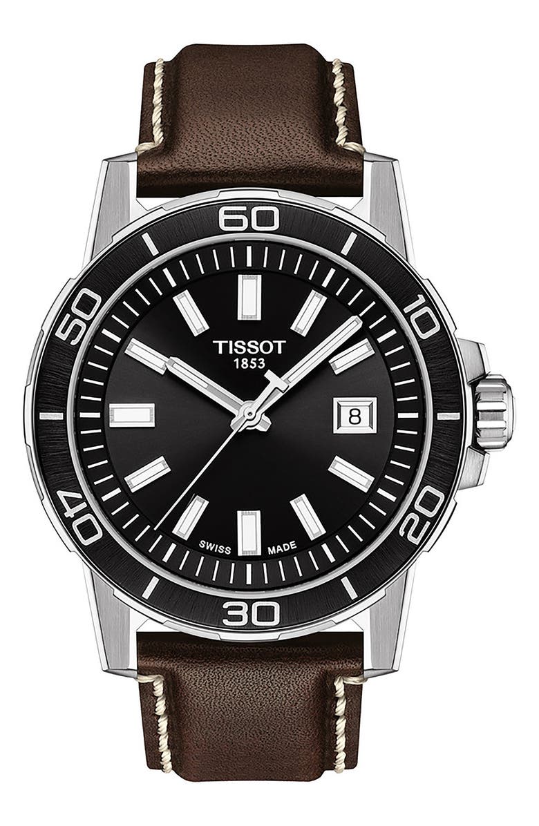Tissot Supersport Qua Leather Strap Watch, 44mm, Main, color, 