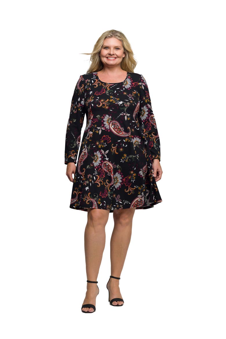 Paisley Print Long Sleeve Fit and Flare Dress, Main, color, Black Multi