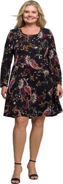 24seven Comfort Apparel Paisley Print Long Sleeve Fit and Flare Dress