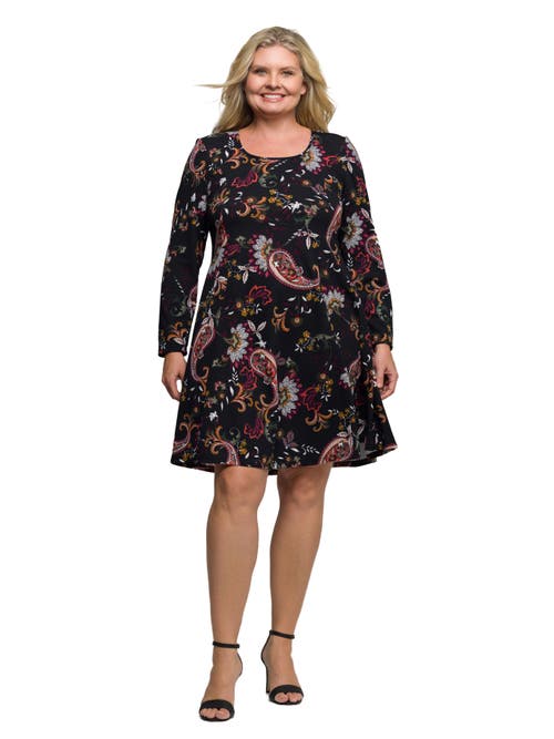 24seven Comfort Apparel Plus Size Black Paisley Print Long Sleeve Fit And Flare Dress In Black