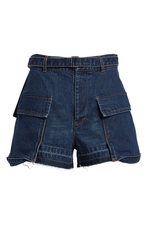 Sacai Belted Frayed Release Hem Cargo Denim Shorts In Blue 401