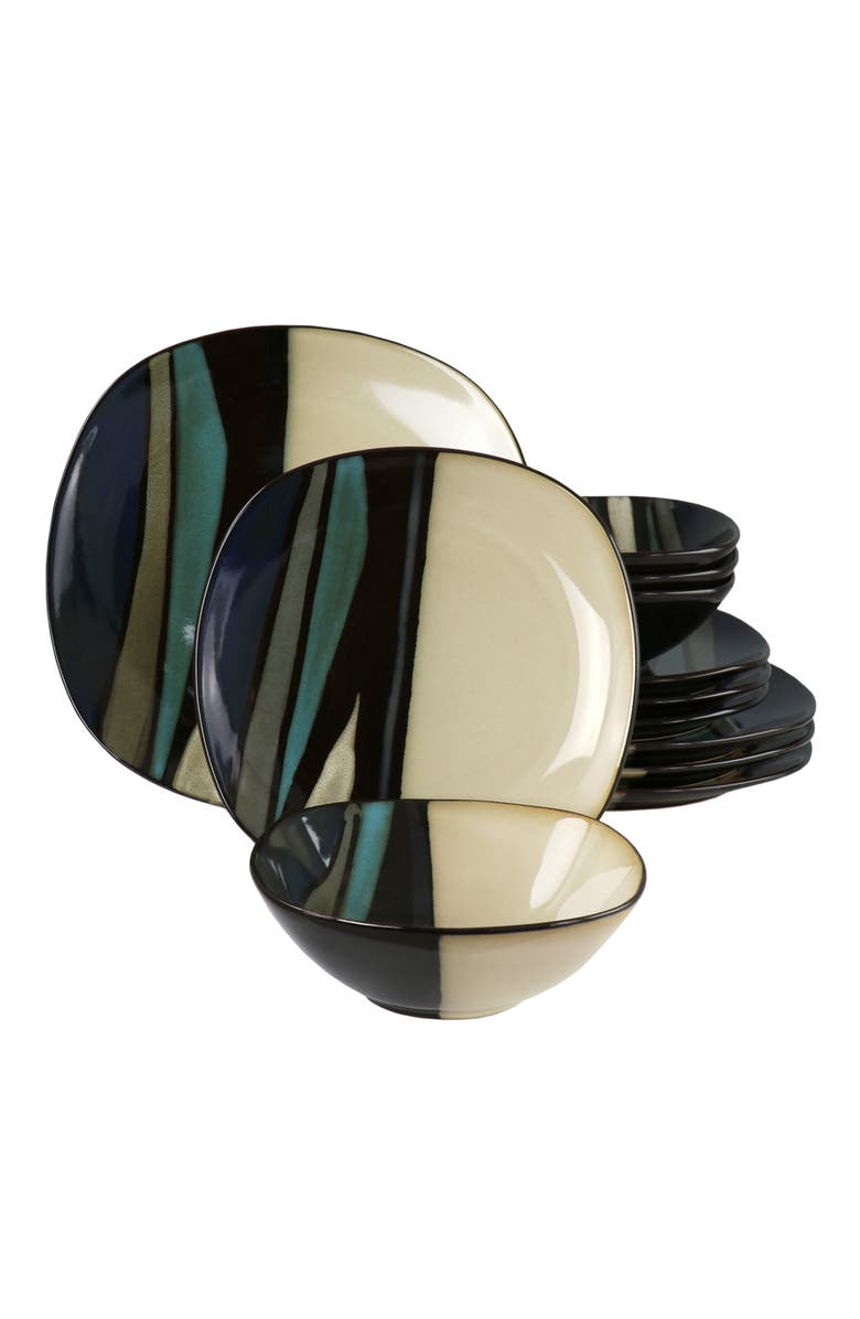 Hometrends Althea 12piece Soft Square Stoneware Dinnerware Set, Main, color, Teal