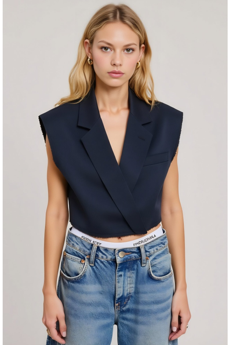 Sleeveless Cropped Tailored Collar Raw Edge Hem Blazer Vest, Main, color, Blue