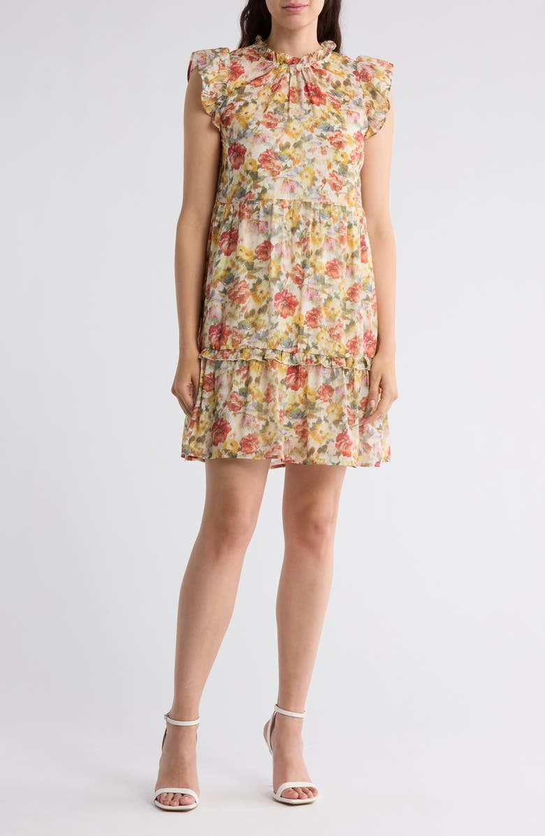 MELLODAY Floral Flutter Sleeve Tiered Dress, Main, color,