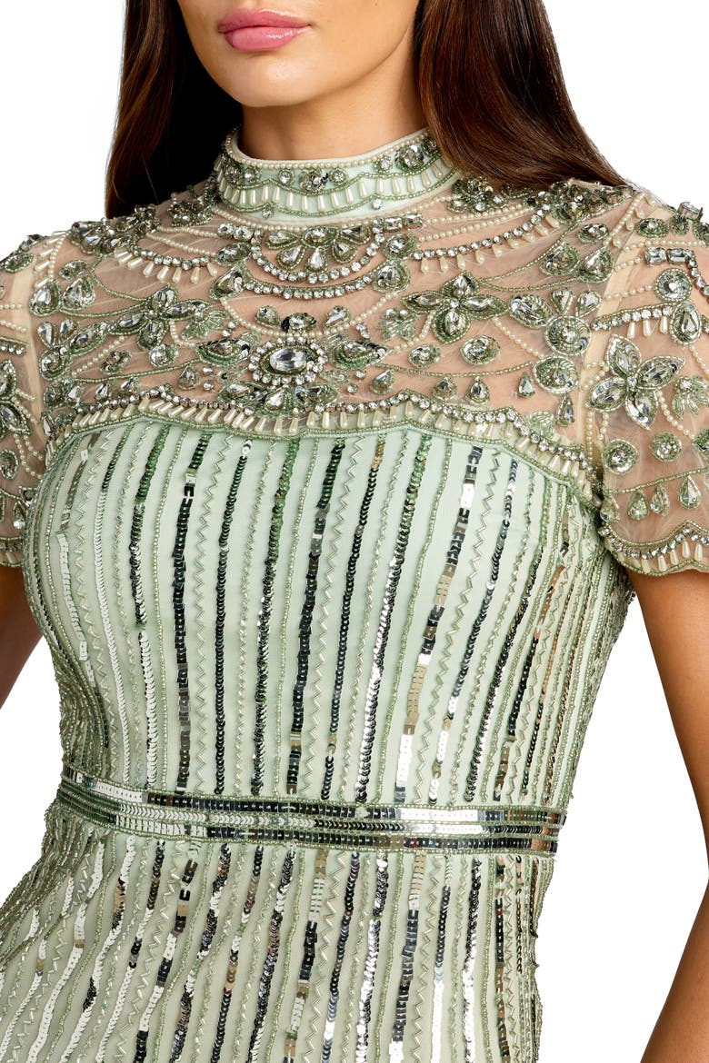 Beaded Mesh Short Sleeve Mock Neck Midi Dress, Alternate, color, Light Sage