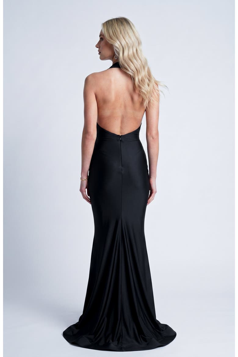 Plunge Gathered Halter Mermaid Gown, Alternate, color, Black