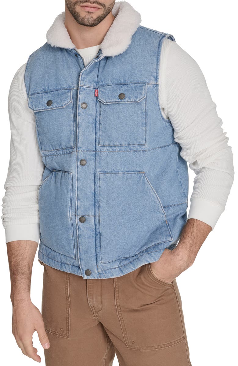 Levi's<sup>®</sup> Woodsman Denim Vest with Faux Shearling Collar, Main, color, Light Wash Denim