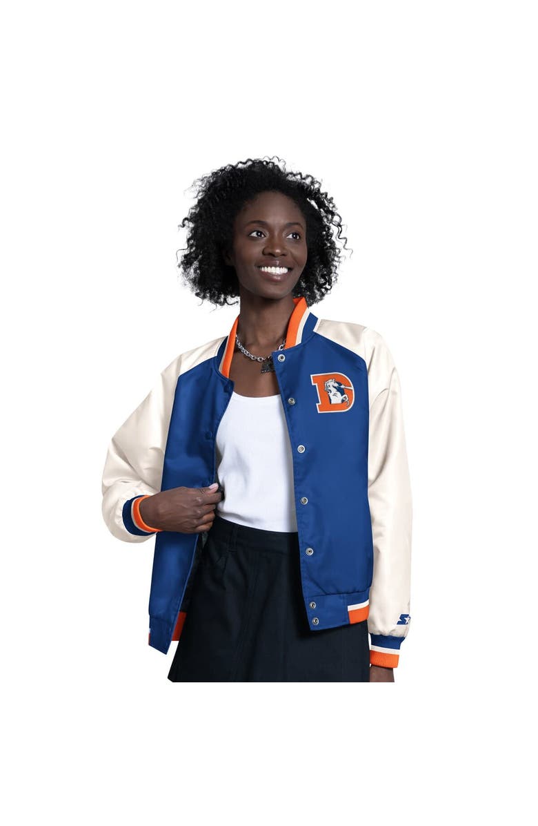 STARTER Women's Starter  Blue/White Denver Broncos Raglan Blitz Full-Snap Varsity Jacket, Main, color, Blue