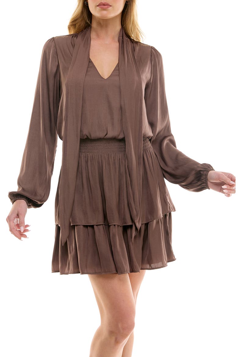 Tie Neck Long Sleeve Tiered Minidress, Alternate, color, PEPPERCORN