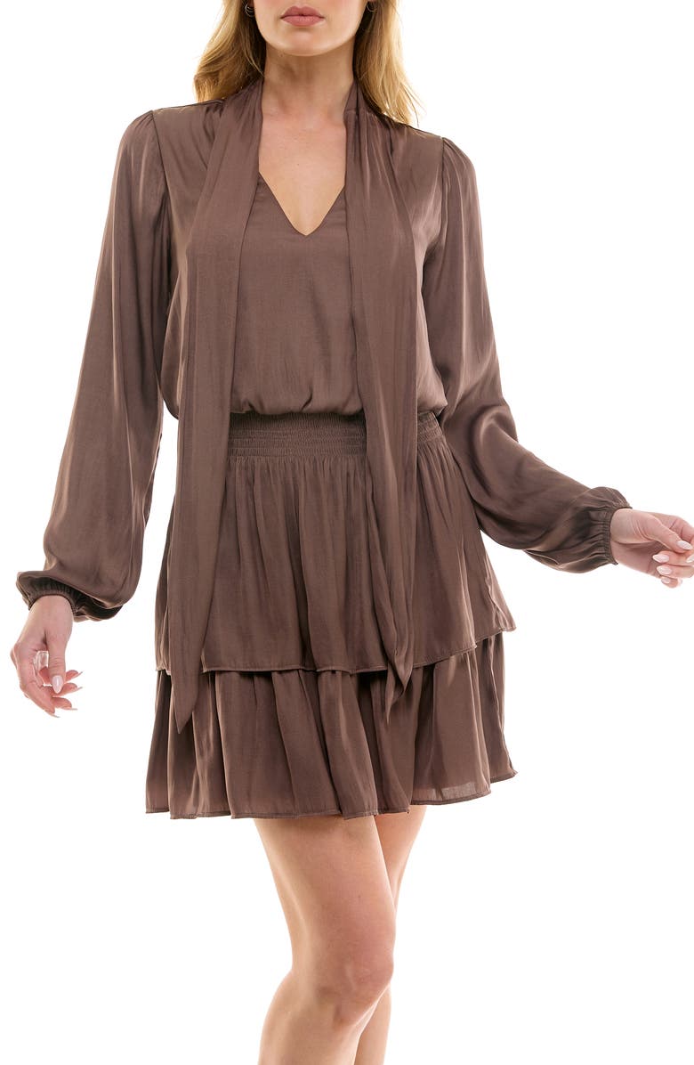 Socialite Tie Neck Long Sleeve Tiered Minidress, Alternate, color, Peppercorn