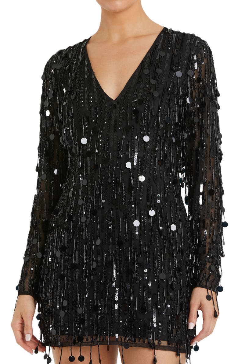 Mac Duggal Long Sleeve Beaded Fringe Plunge Neck Dress, Alternate, color, Black