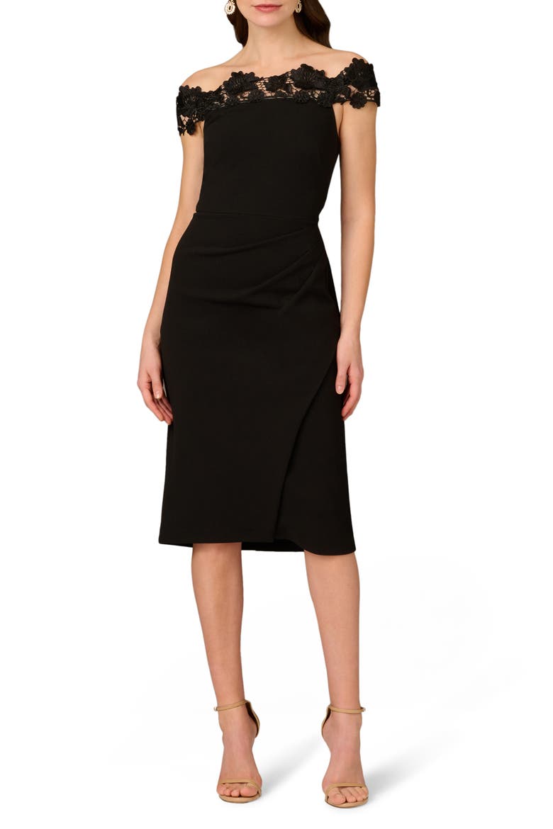 Lace Off the Shoulder Crepe Dress, Main, color, BLACK