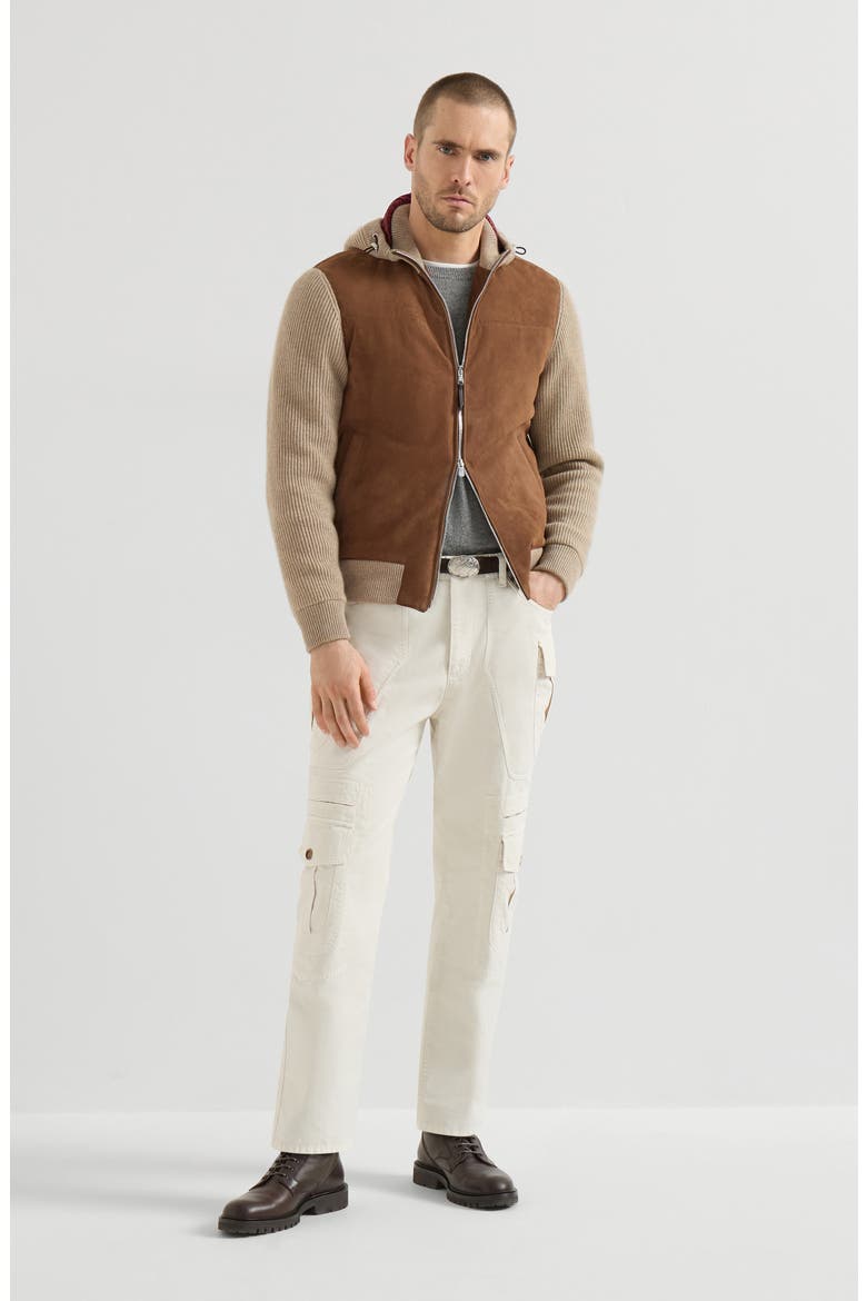 Suede and cashmere knit hooded bomber jacket with Thermore® padding, Alternate, color, Brown