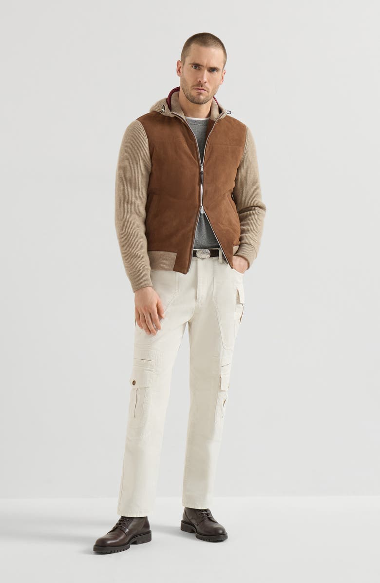 Brunello Cucinelli Suede and cashmere knit hooded bomber jacket with Thermore<sup>®</sup> padding, Alternate, color, Brown