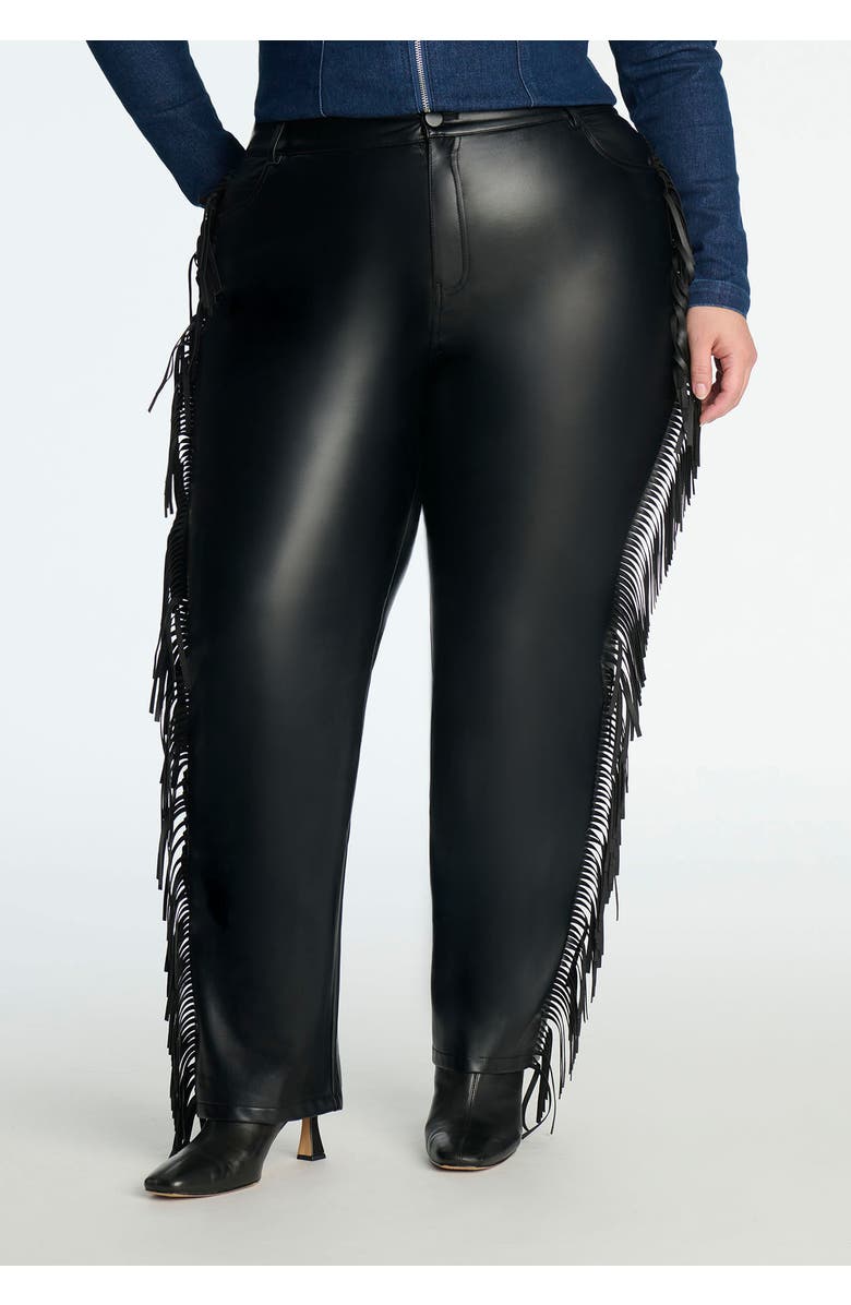 ELOQUII Faux Leather Pant With Fringe, Alternate, color, Black Onyx
