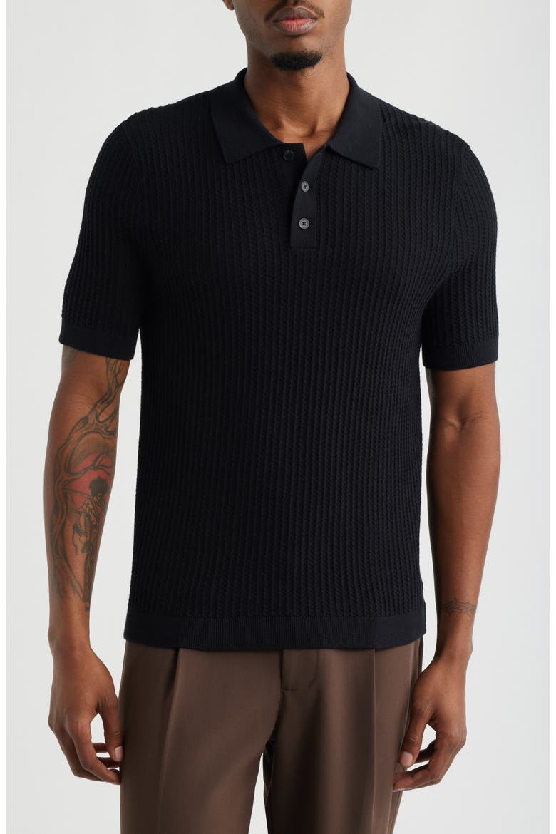 Textured Short Sleeve Polo Sweater, Main, color, BLACK