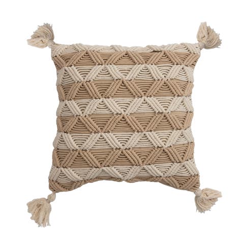 Bloomingville Hand-Woven Cotton Macrame Pillow with Stripes and Tassels, Brown and Cream