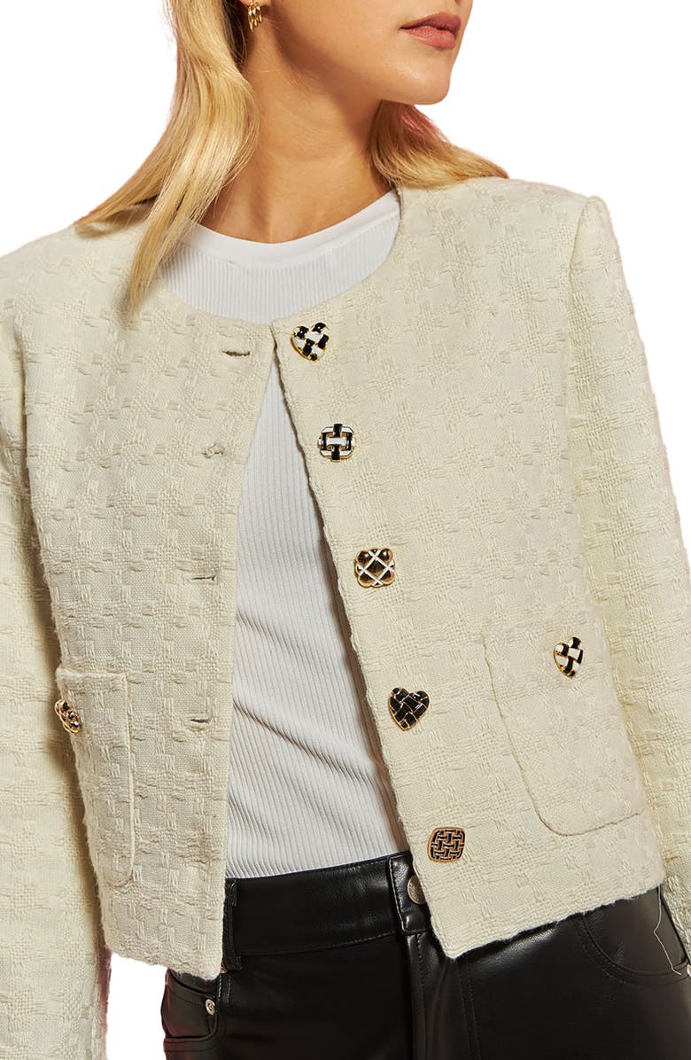 English Factory Premium Textured Houndstooth Crop Jacket, Alternate, color, Ivory