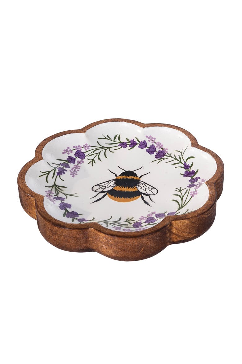 Lavender Floral Wreath & Bumble Bee Decorative Spring Wood Tray 8.66", Alternate, color, White