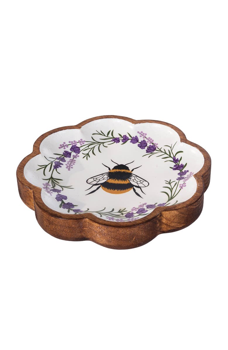 Gallerie II Lavender Floral Wreath & Bumble Bee Decorative Spring Wood Tray 8.66", Alternate, color, White