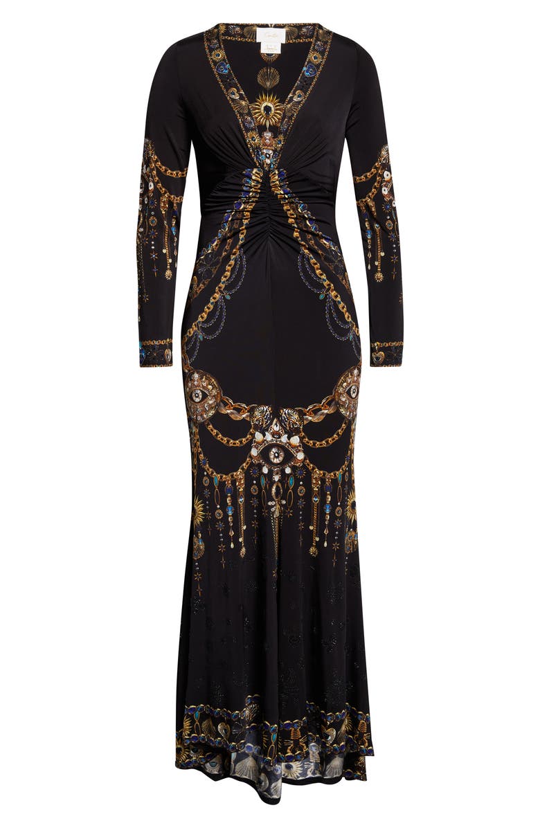Camilla Amulets & Alchemy Print Gathered Long Sleeve Jersey Dress with Train, Main, color, Amulets And Alchemy