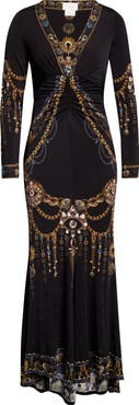 Camilla Amulets & Alchemy Print Gathered Long Sleeve Jersey Dress with Train