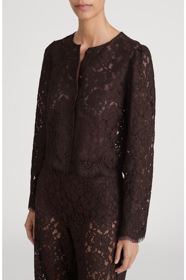 Sheer Crop Organic Cotton Blend Eyelash Lace Button-Up Shirt, Alternate, color, DEEP RUBY