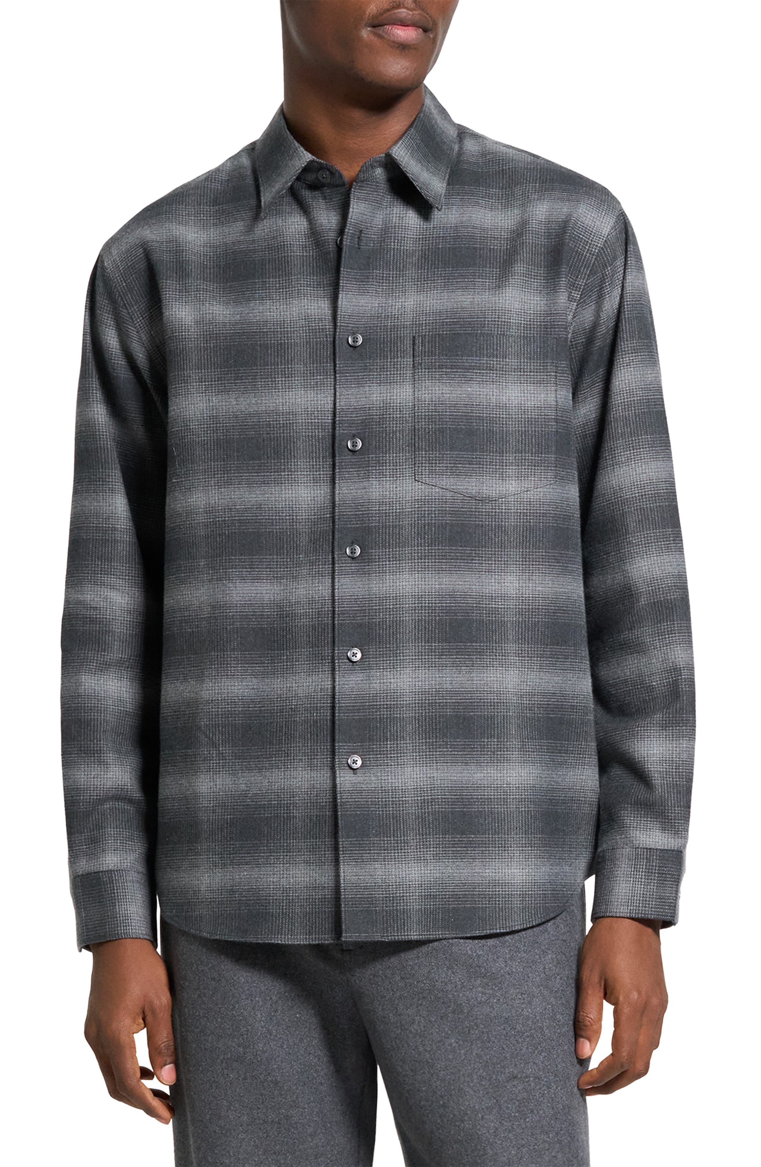 Theory Weekend Gradient Check Brushed Cotton Button-up Overshirt In Gray