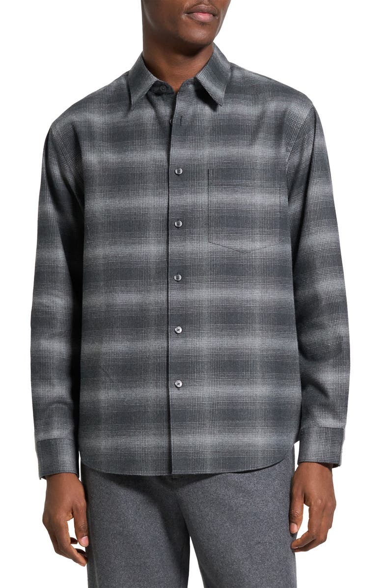 Theory Weekend Gradient Check Brushed Cotton Button-Up Overshirt, Main, color, Charcoal Melange Multi - Wx6