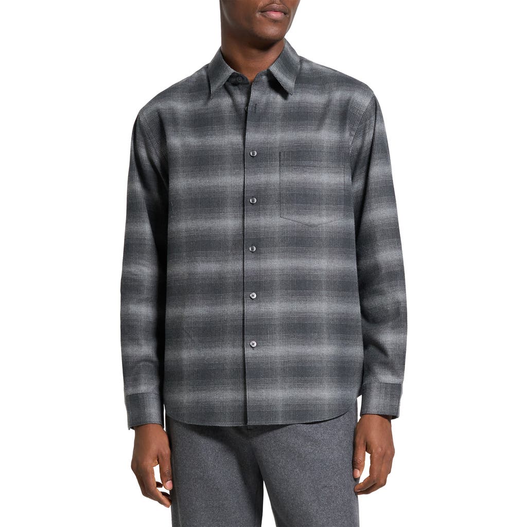 Theory Weekend Gradient Check Brushed Cotton Button-up Overshirt In Gray