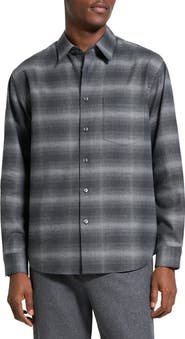Theory Weekend Gradient Check Brushed Cotton Button-Up Overshirt