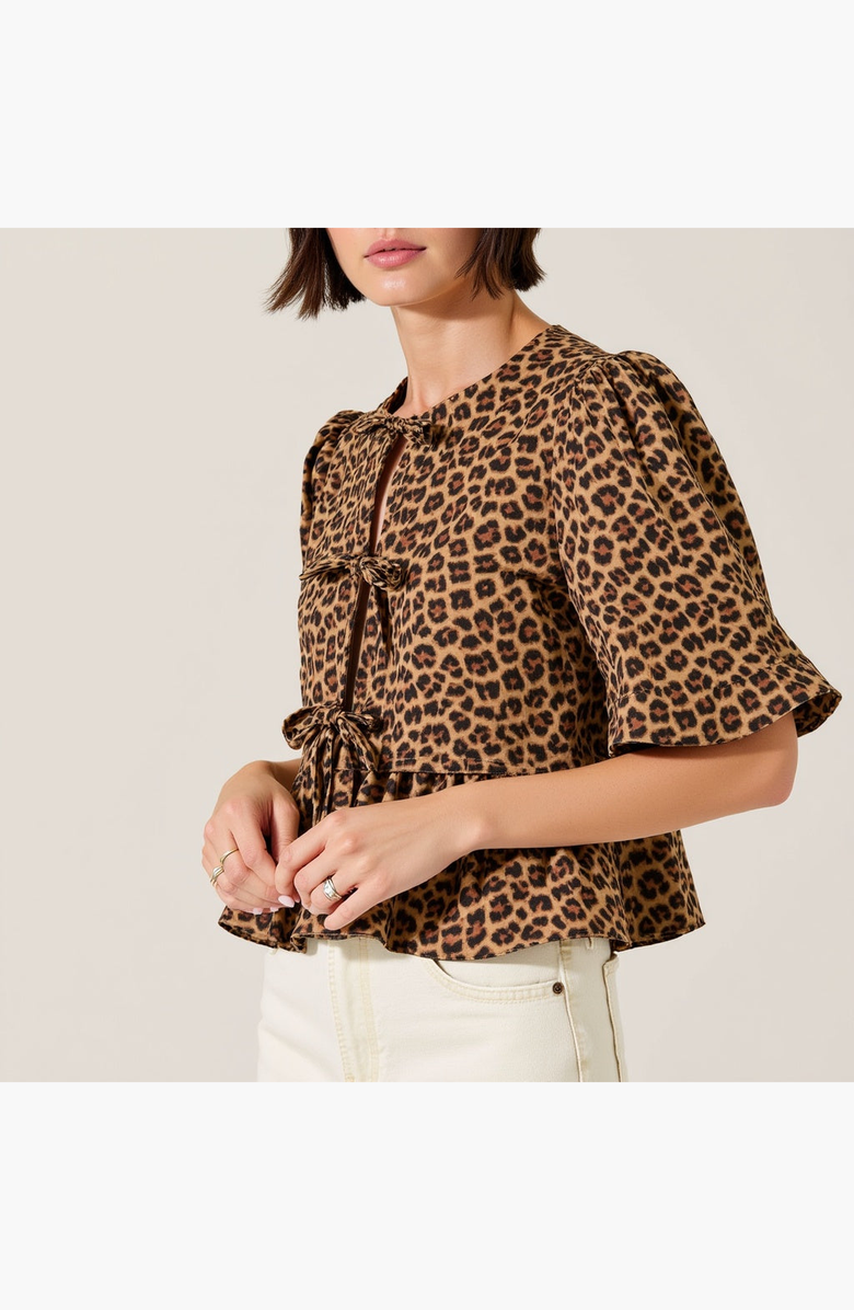 Modenaire Peplum Top With Front Tie Closures And Short Puff Sleeves, Alternate, color, Leopard Print