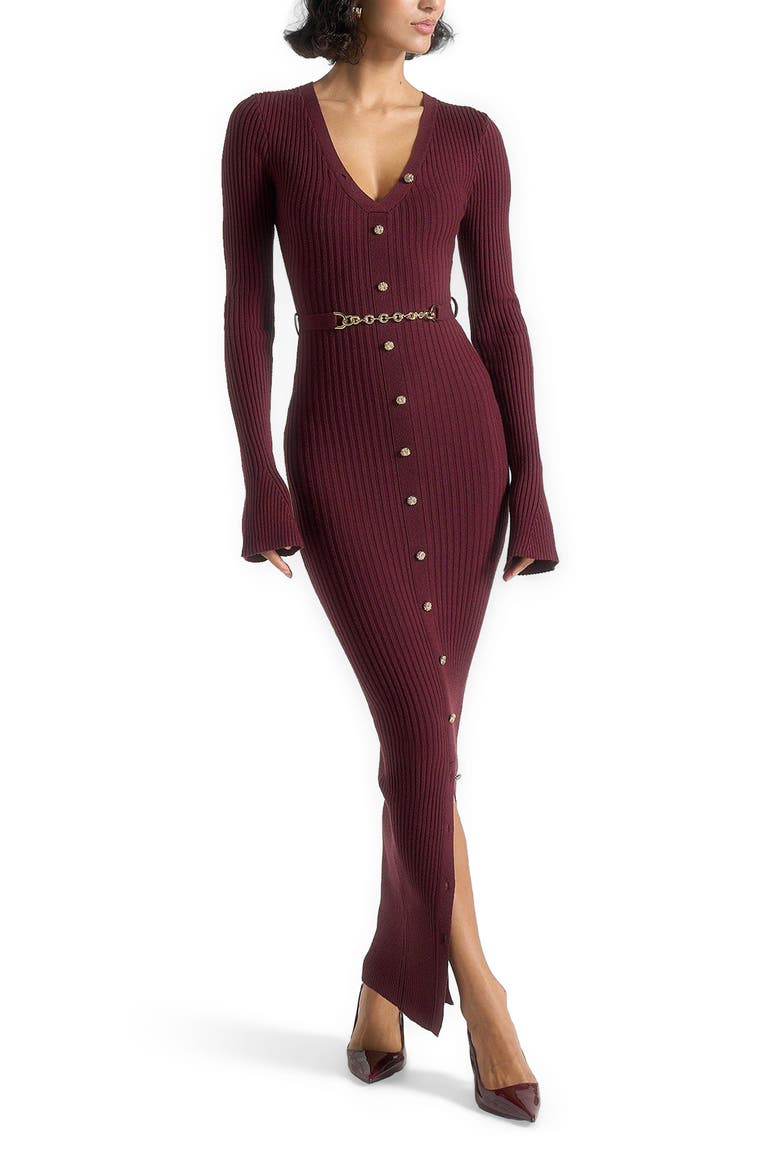 Assia Long Sleeve Knitted Midaxi Dress With Belt, Main, color, Wine Red