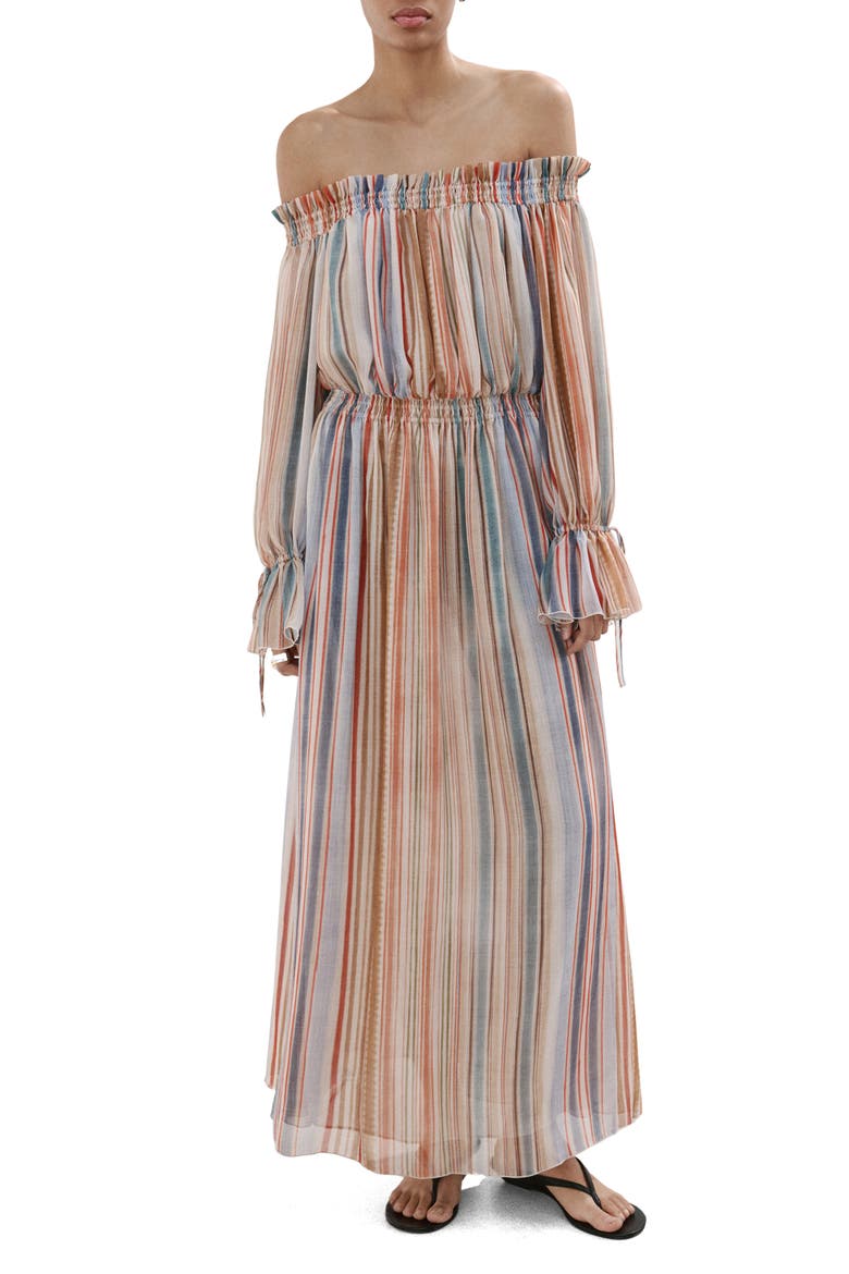 Stripe Long Sleeve Off the Shoulder Maxi Dress, Main, color, ECRU