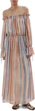 MANGO Stripe Long Sleeve Off the Shoulder Maxi Dress