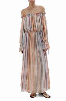 Stripe Long Sleeve Off the Shoulder Maxi Dress