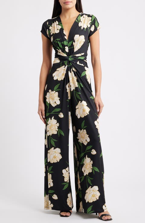 Floral Twist Front Wide Leg Jumpsuit