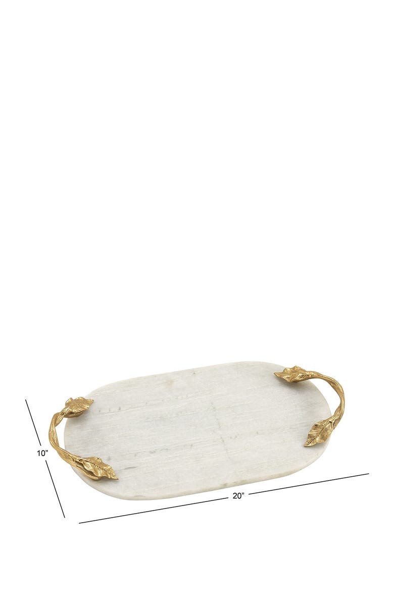 WILLOW ROW White Marble Glam Tray with Goldtone Twisted Leaf Handles, Alternate, color, White