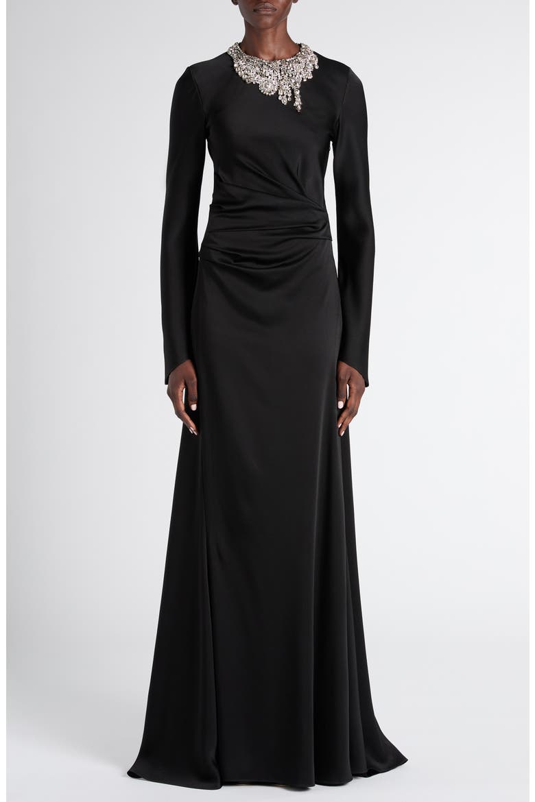 Twisted Crystal Embellished Long Sleeve Gown, Main, color, BLACK