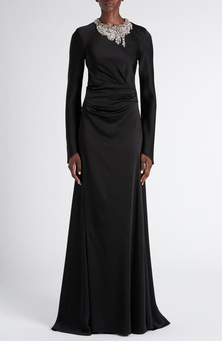 McQueen Twisted Crystal Embellished Long Sleeve Gown, Main, color, Black